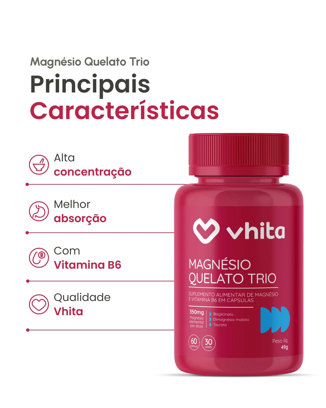 Magnésio Quelato Trio 350 mg Bisglicinato Dimalato e Taurato com Vitamina B6 em cápsulas