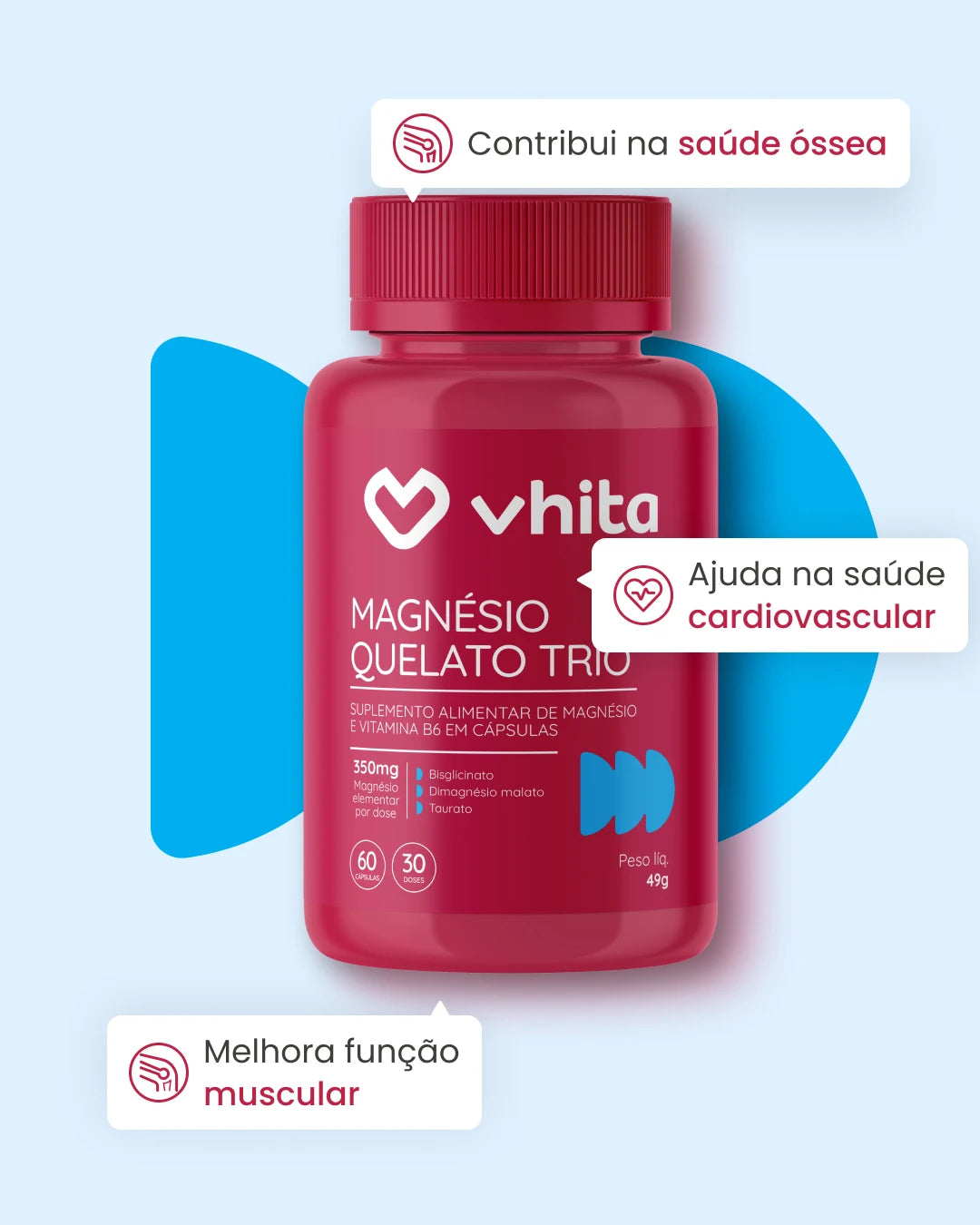 Magnésio Quelato Trio 350 mg Bisglicinato Dimalato e Taurato com Vitamina B6 em cápsulas