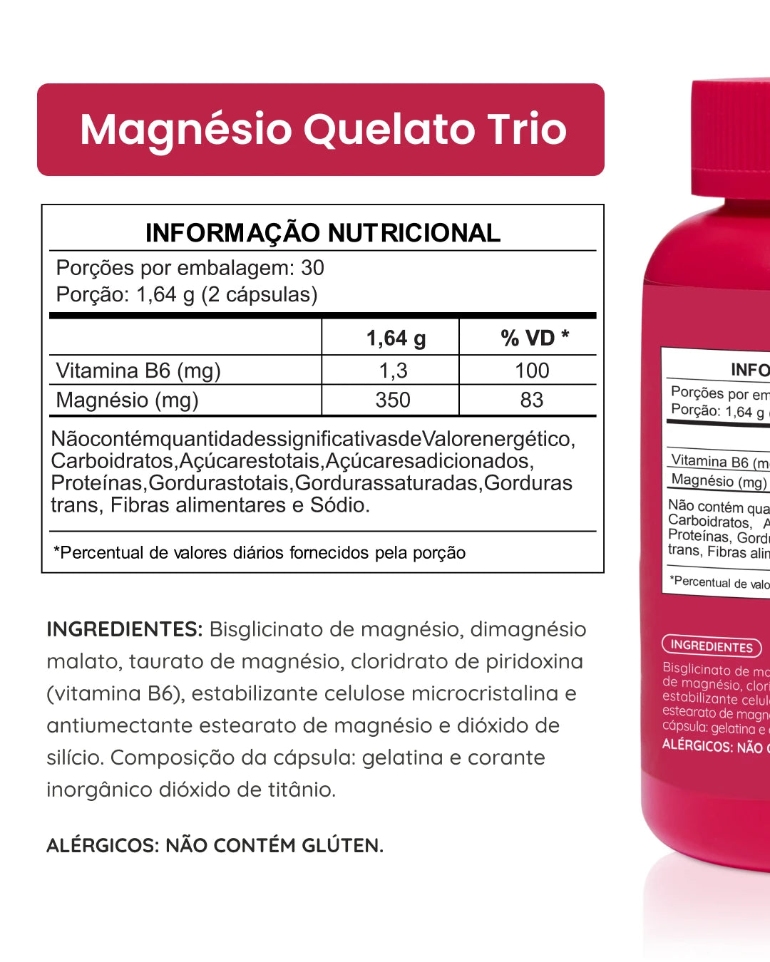 Magnésio Quelato Trio 350 mg Bisglicinato Dimalato e Taurato com Vitamina B6 em cápsulas